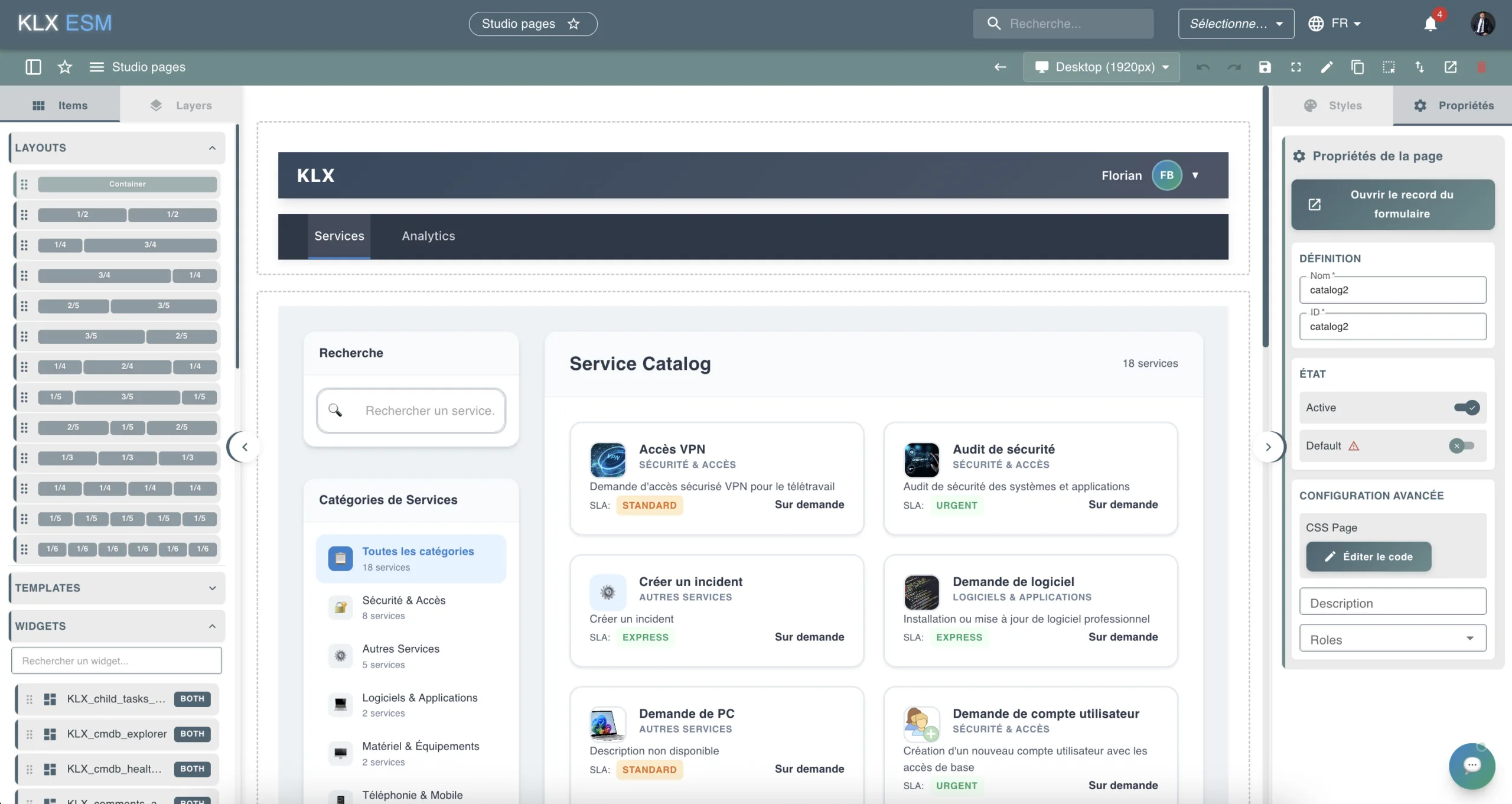 KLX ESM — Portal Builder catalogue de services